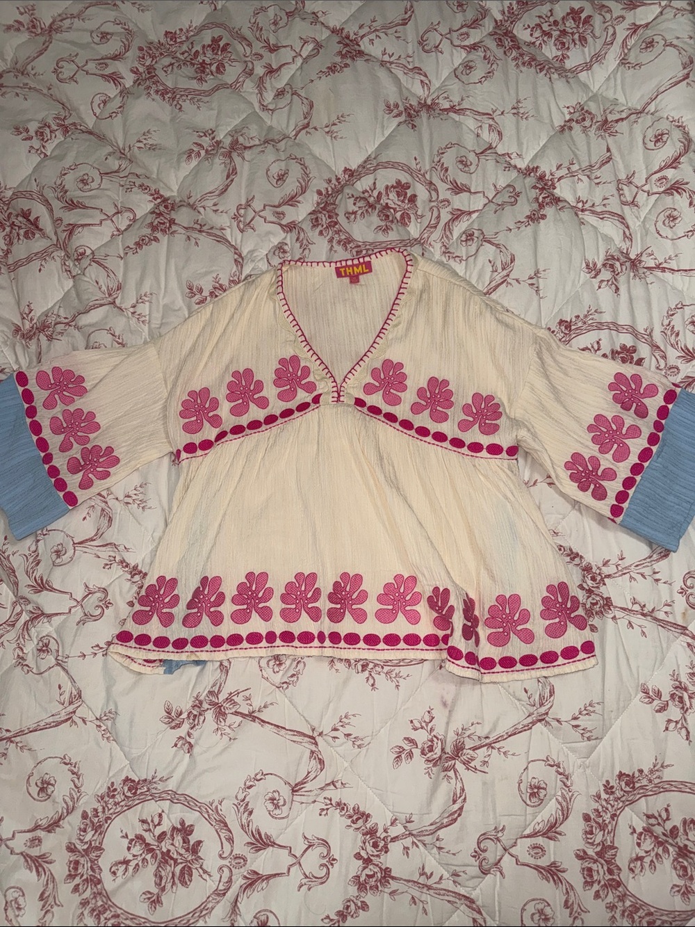 THML Cream Tunic Top with Pink Floral Embroidery and Blue Cuffs